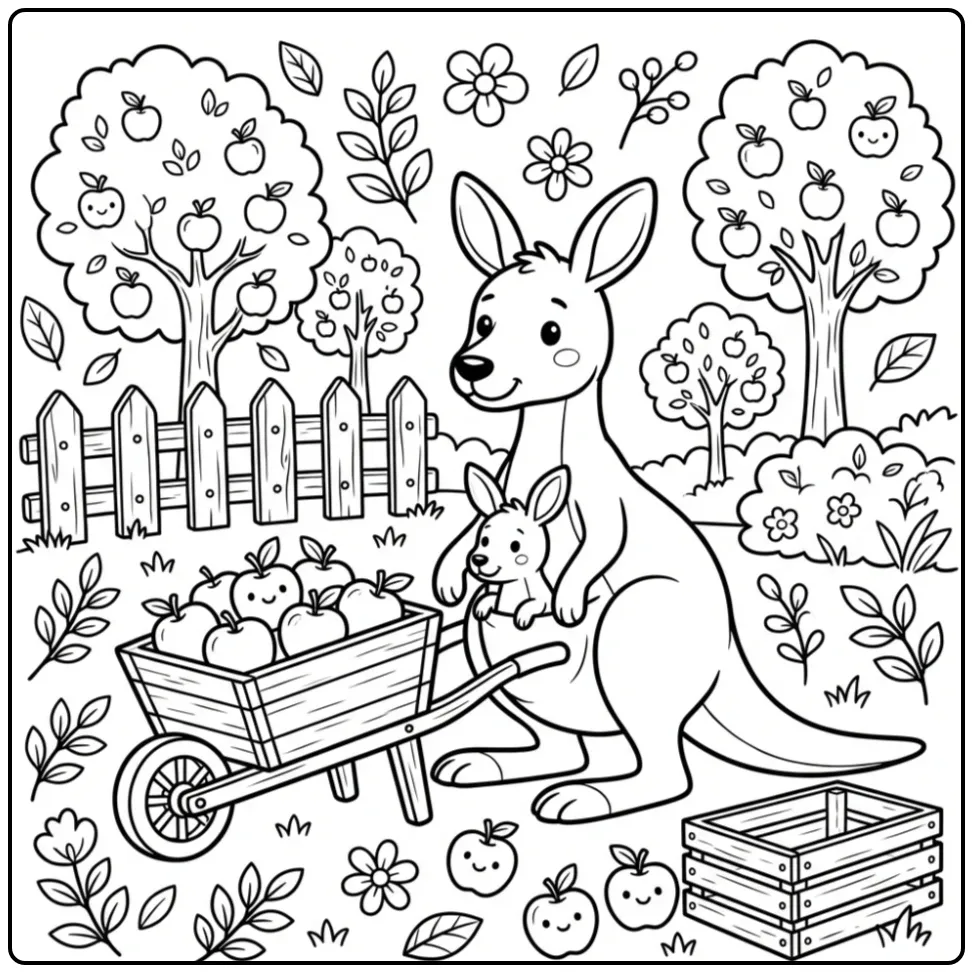 Cute kangaroo coloring page by an apple orchard