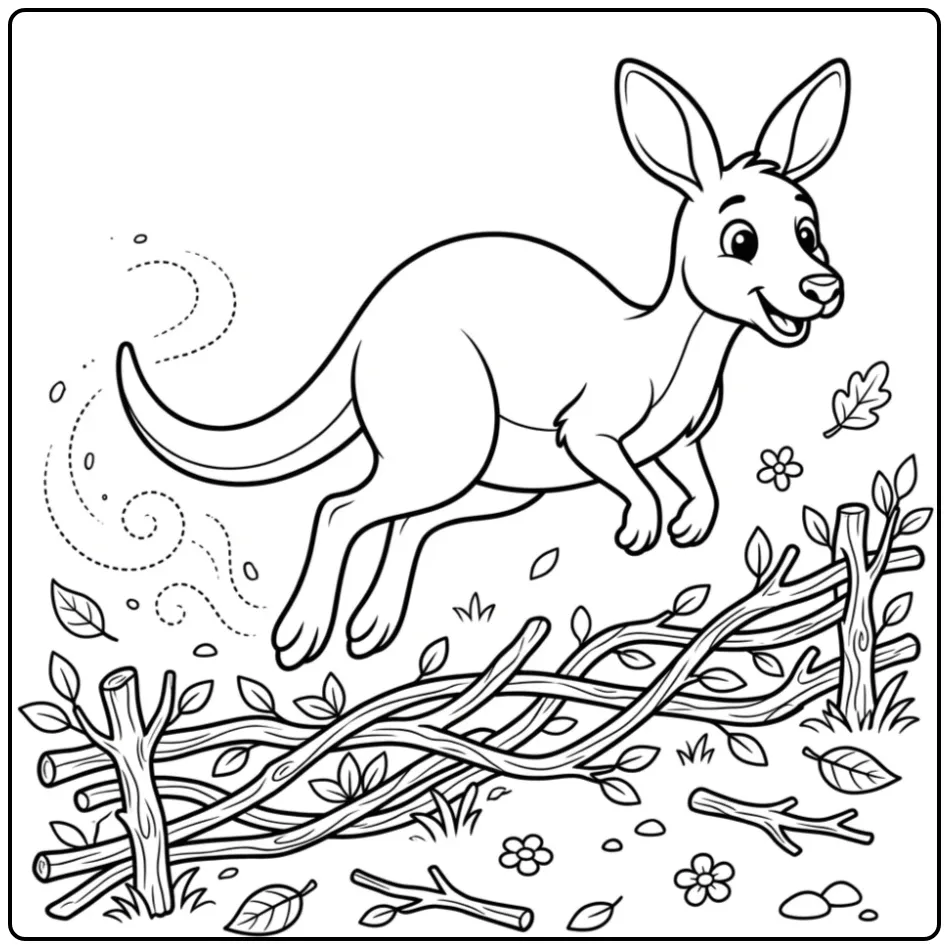 Cartoon kangaroo coloring page jumping over branches and flowers