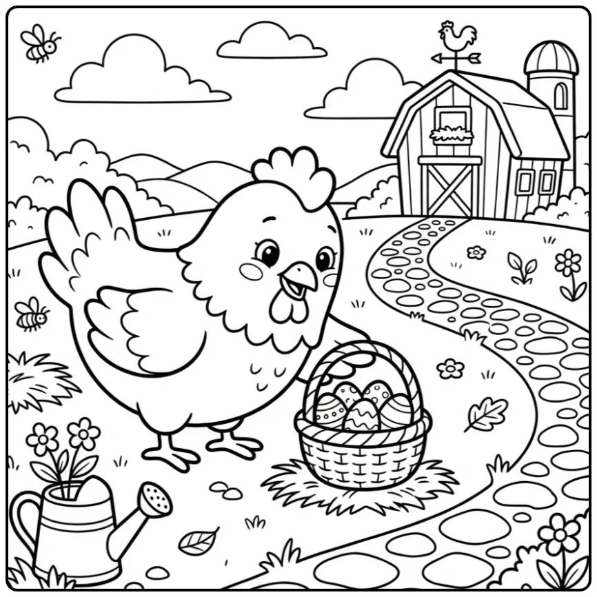 Chicken and egg coloring page with a basket of eggs
