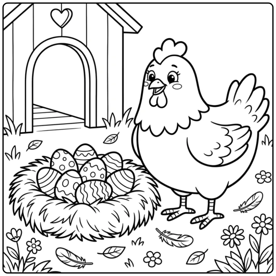 Chicken and egg coloring page with a nest full of eggs