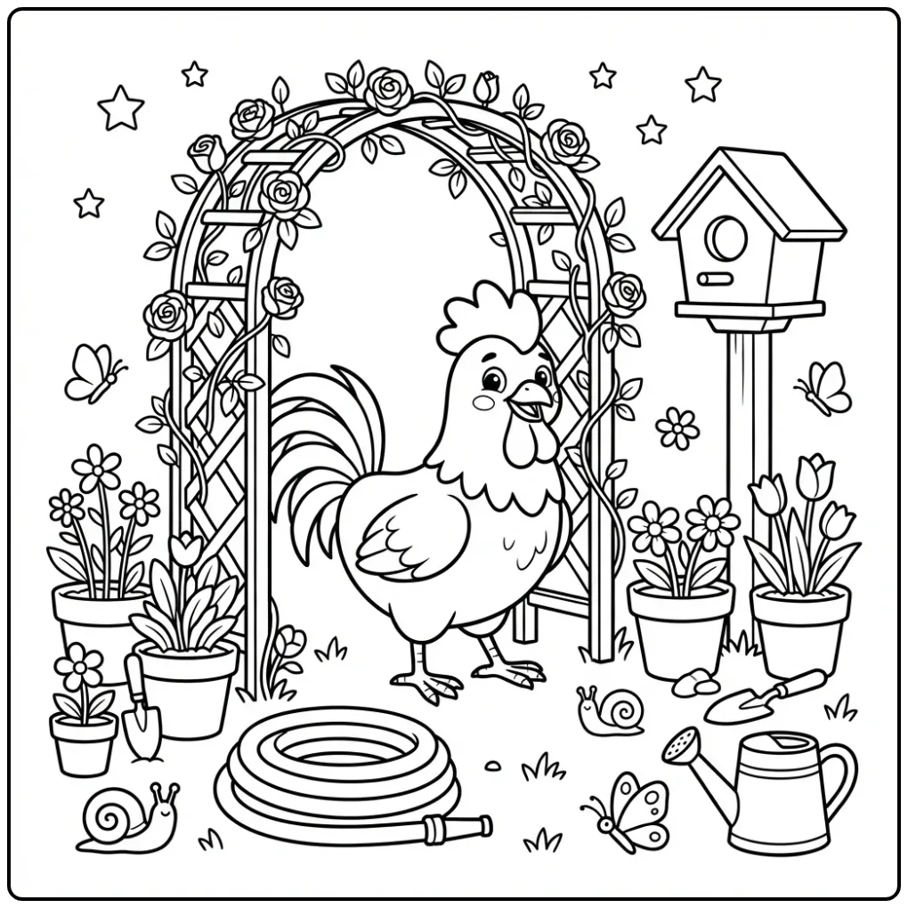 Rooster coloring page by a garden arch with stars