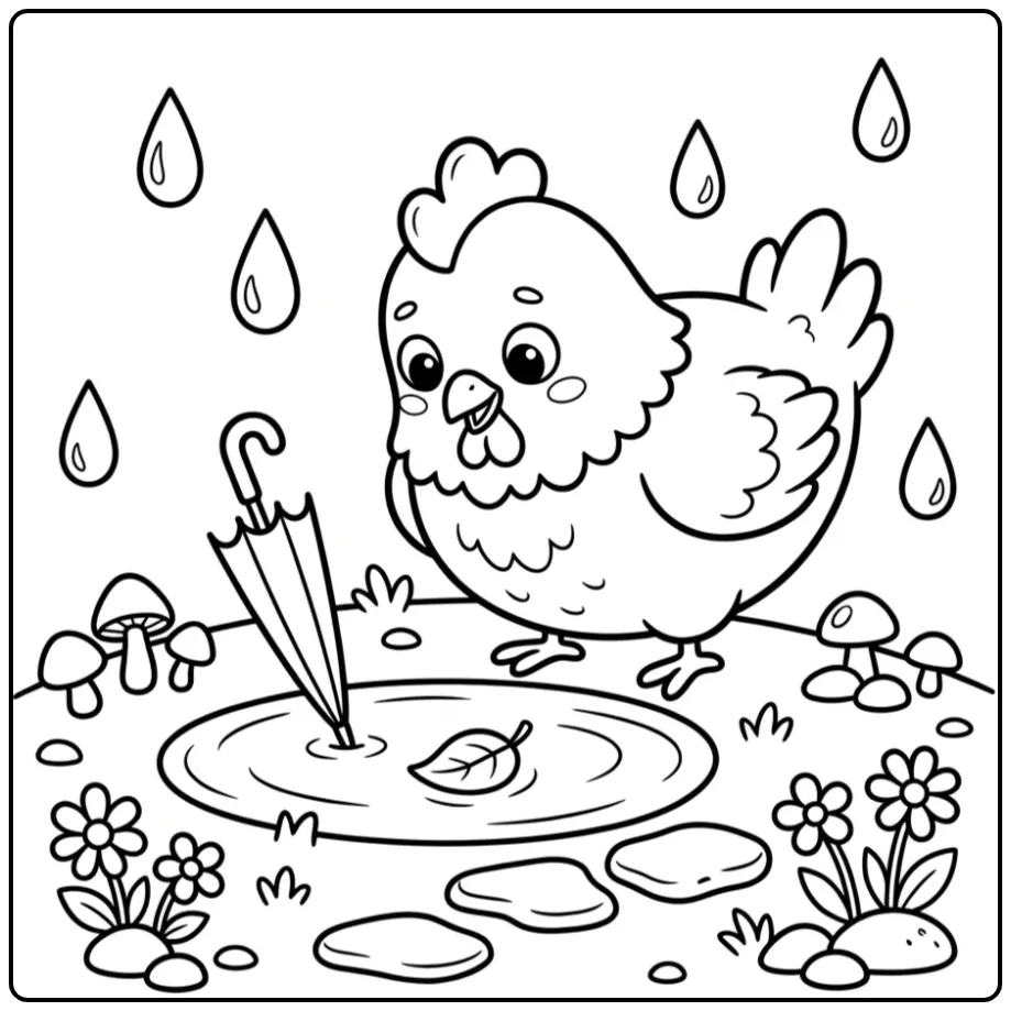 Toddler chicken coloring page with rain and an umbrella