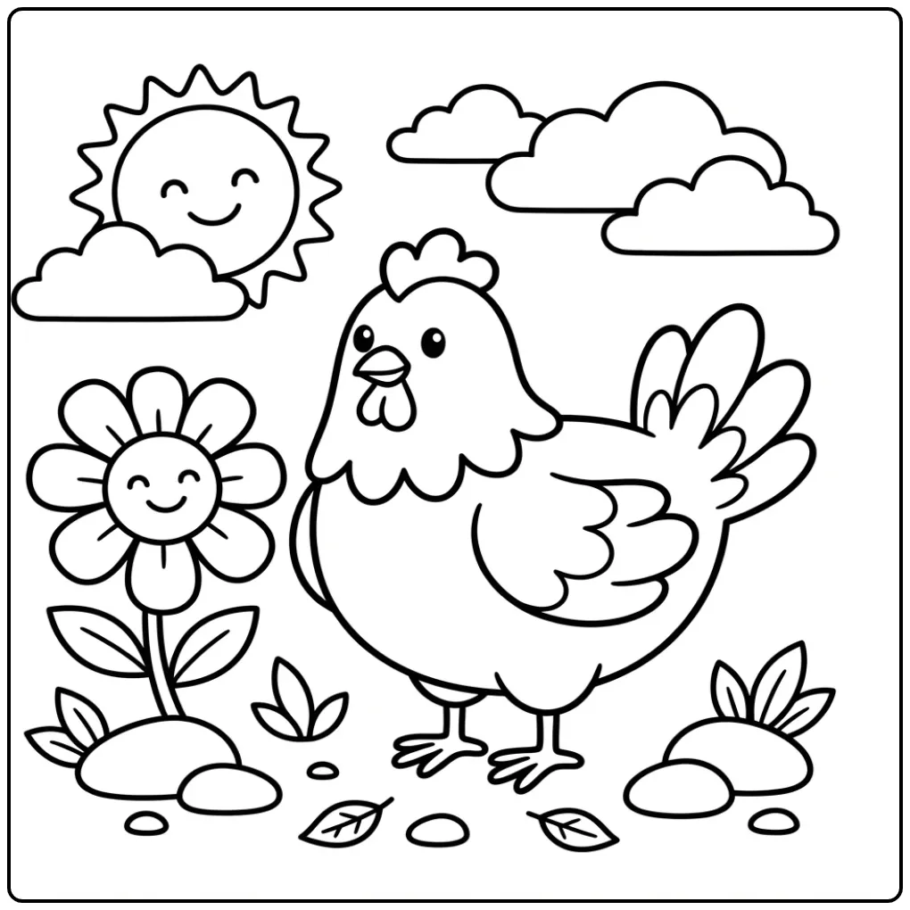 Toddler chicken coloring page with a big flower and sun