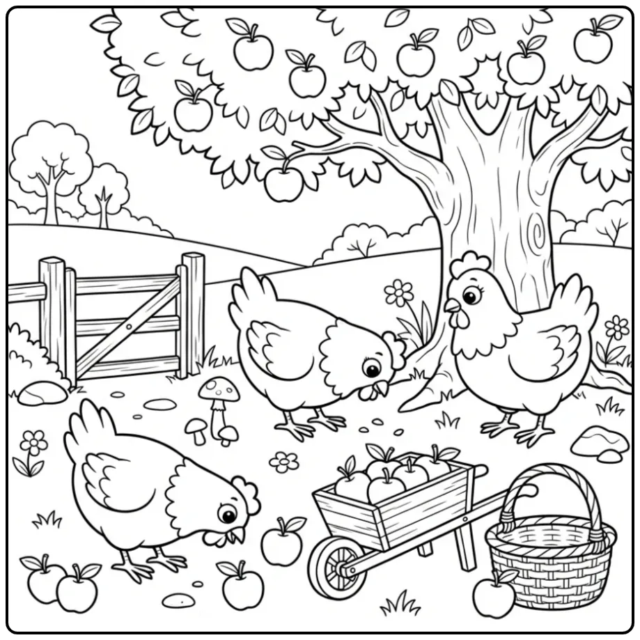 Chicken coloring page with apples and a wheelbarrow