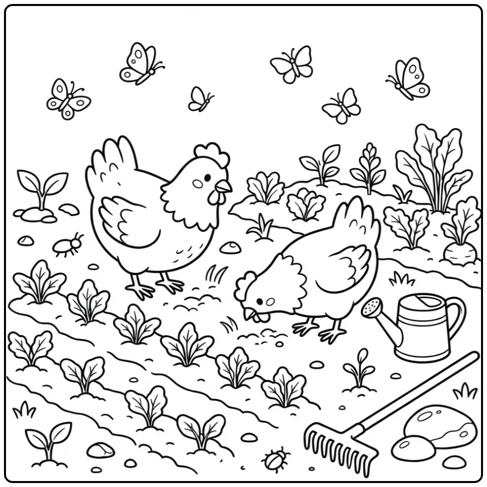 Chicken coloring page in a vegetable garden with tools