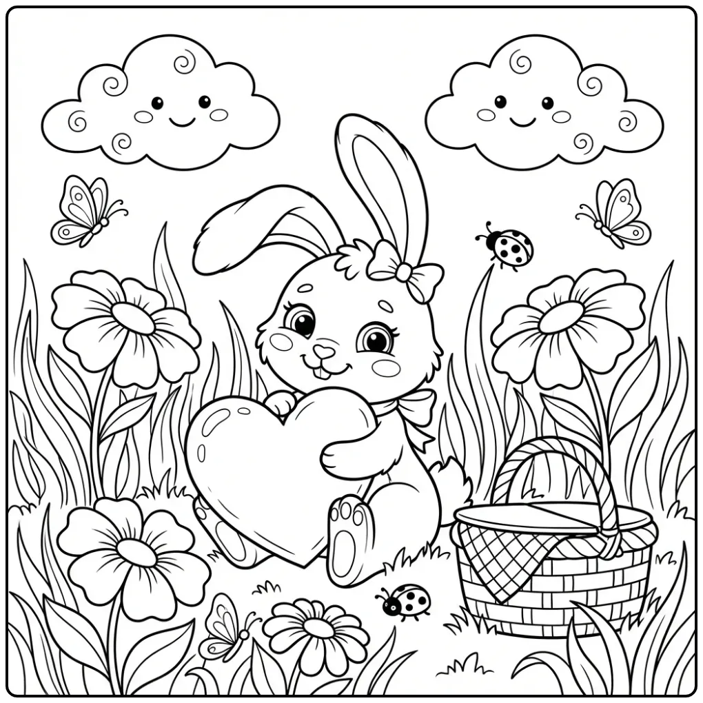 Cuddly rabbit coloring page with a heart pillow