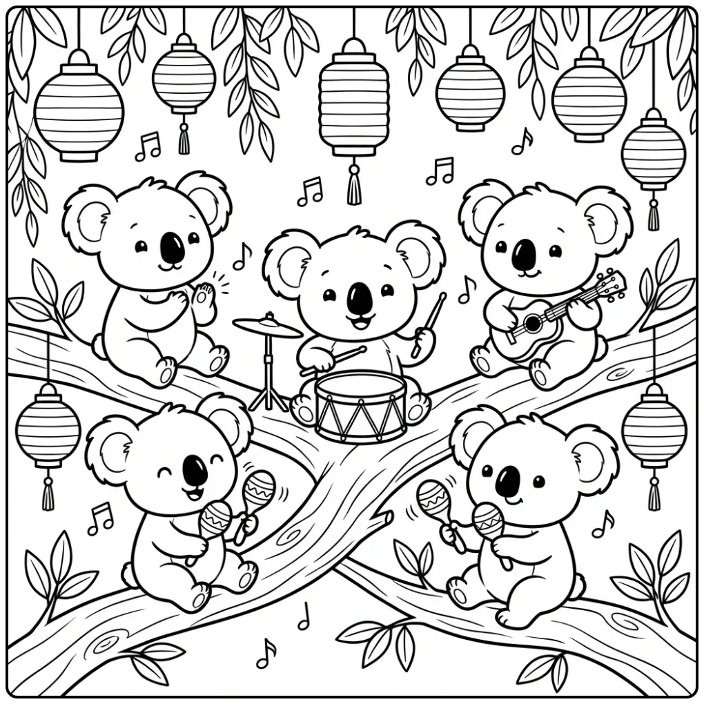 Koala bears coloring page playing music together