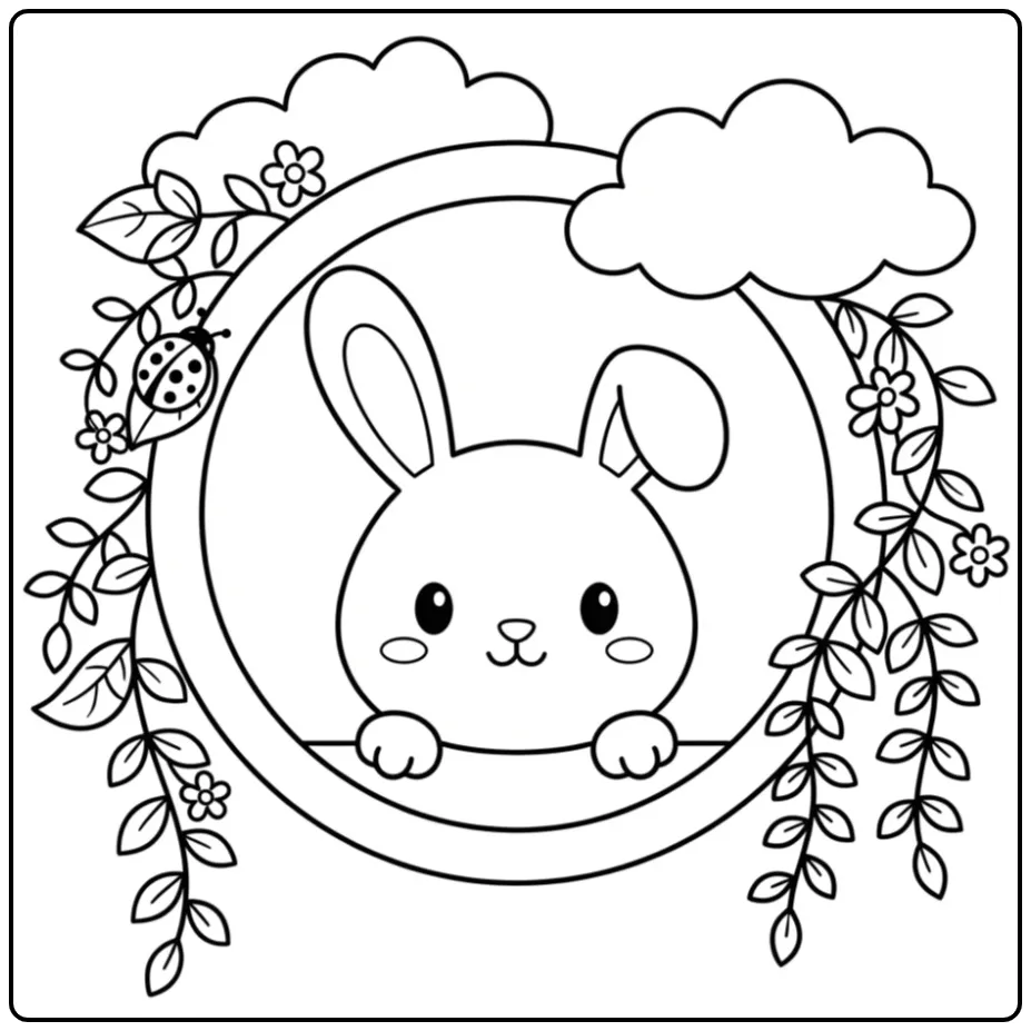 Rabbit head coloring page in a circle with flowers