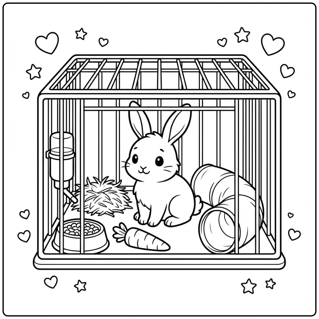 Rabbit in hutch coloring page with toys and hay