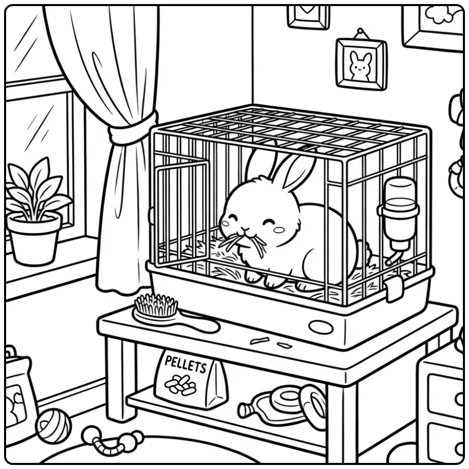 Rabbit in hutch coloring page by a large window
