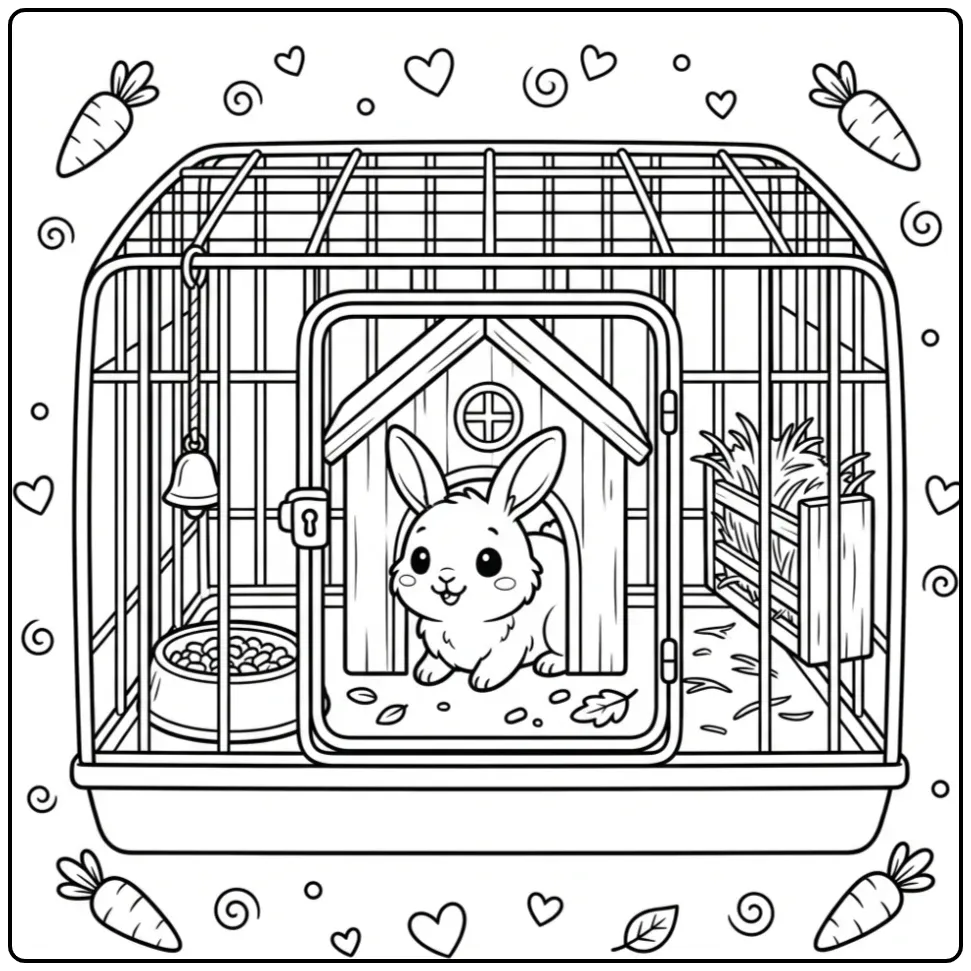 Rabbit in hutch coloring page with food bowl and hay