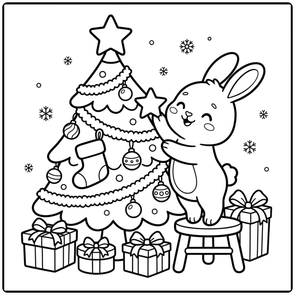 Christmas rabbit coloring page placing a star on the tree