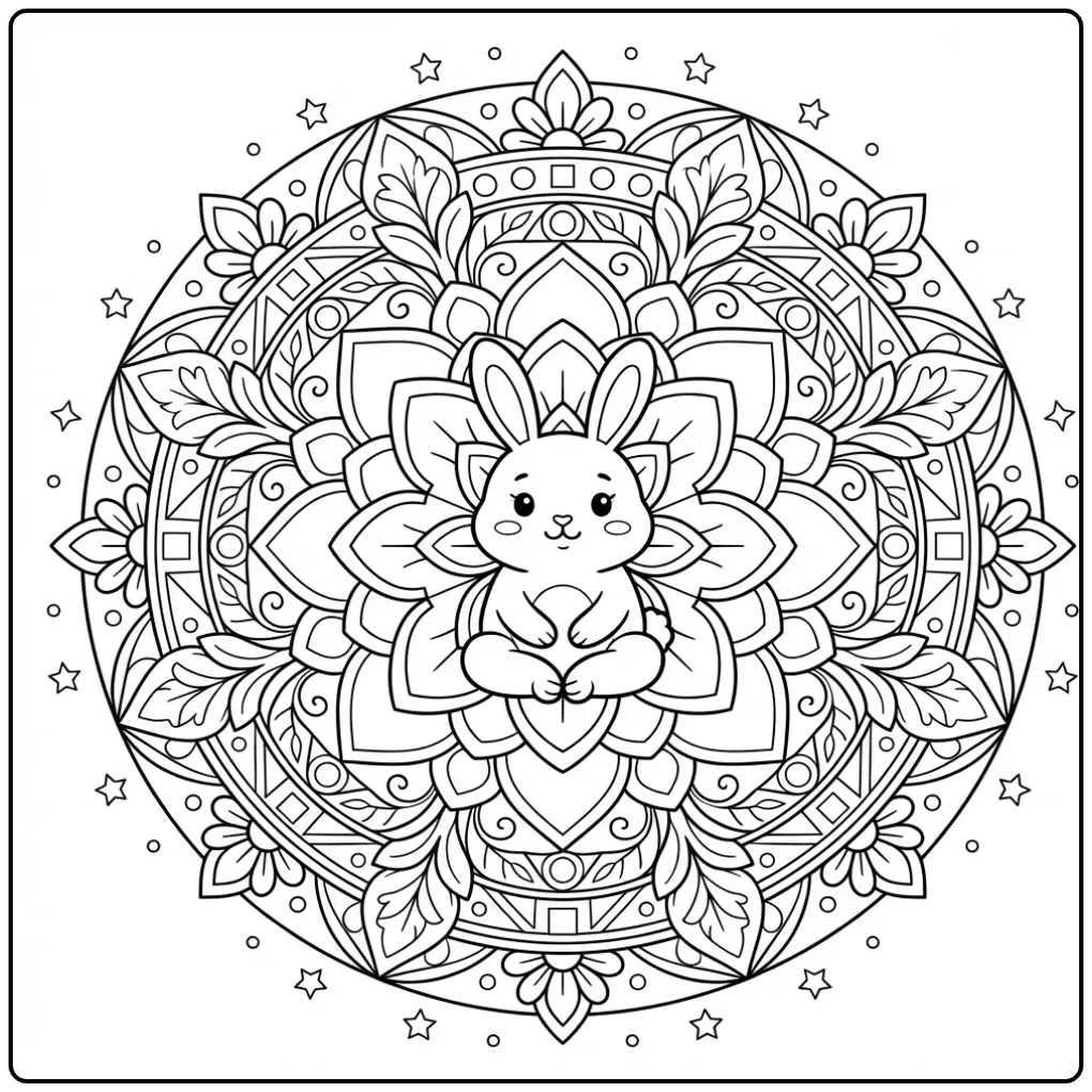 Rabbit mandala coloring page with flowers and stars