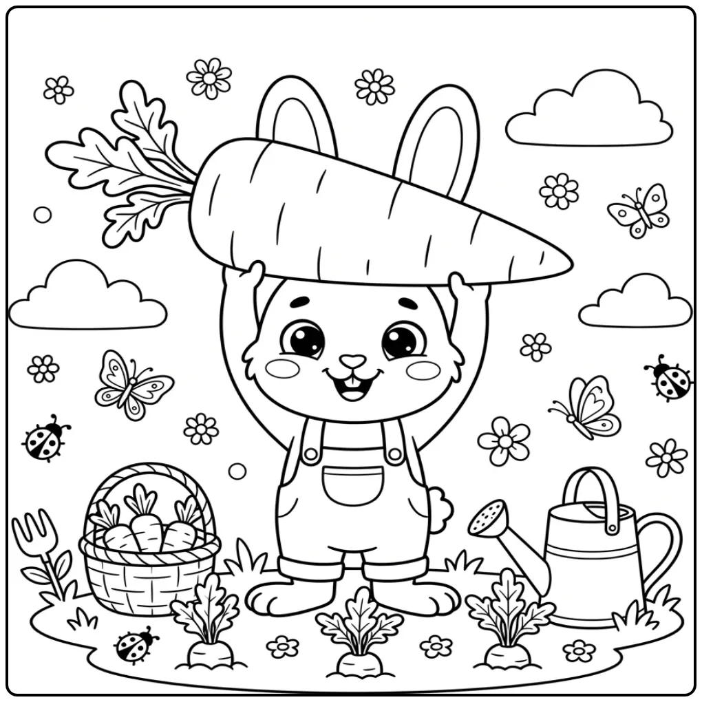Rabbit with carrot coloring page in a vegetable garden