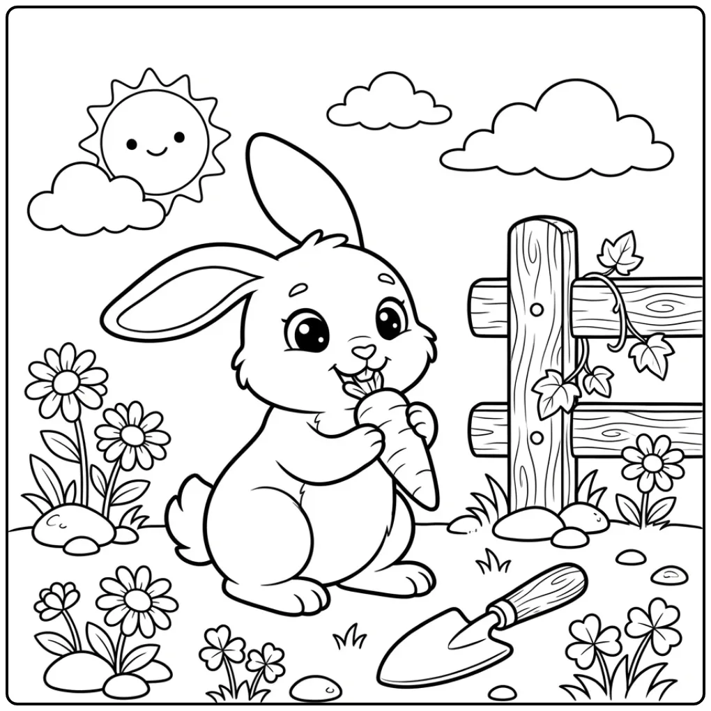 Rabbit with carrot coloring page by a fence