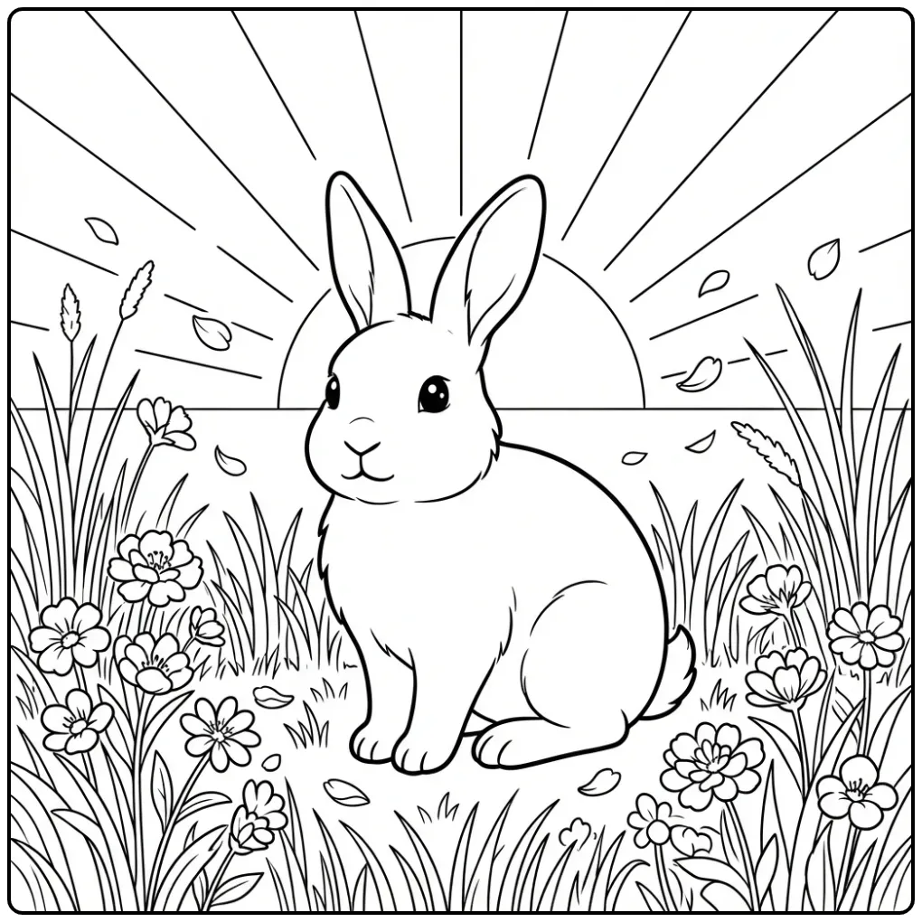 Rabbit coloring page sitting in a flower field
