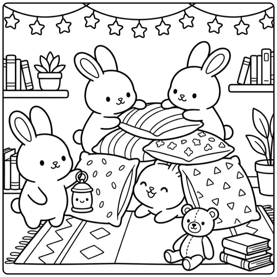 Bunnies coloring page building a pillow fort