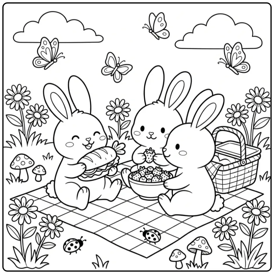 Bunnies coloring page during a picnic