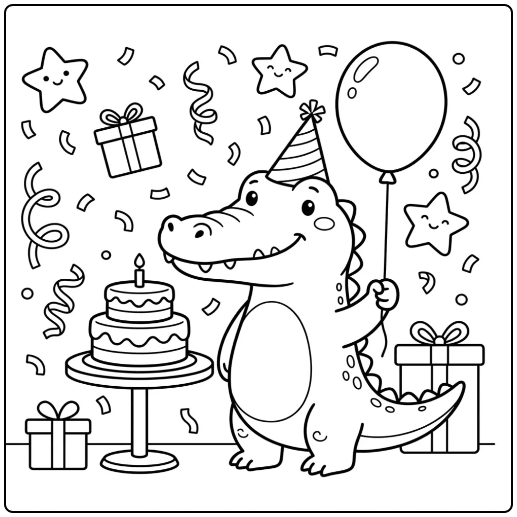 Crocodile coloring page showing a birthday party scene