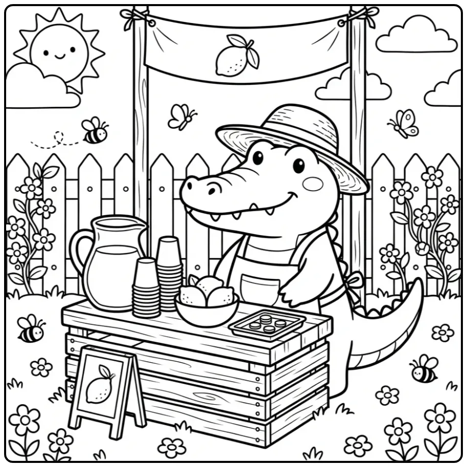 Crocodile coloring page showing a lemonade stand