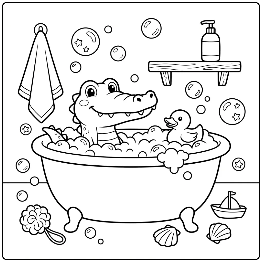 Crocodile coloring page for toddlers showing bath time