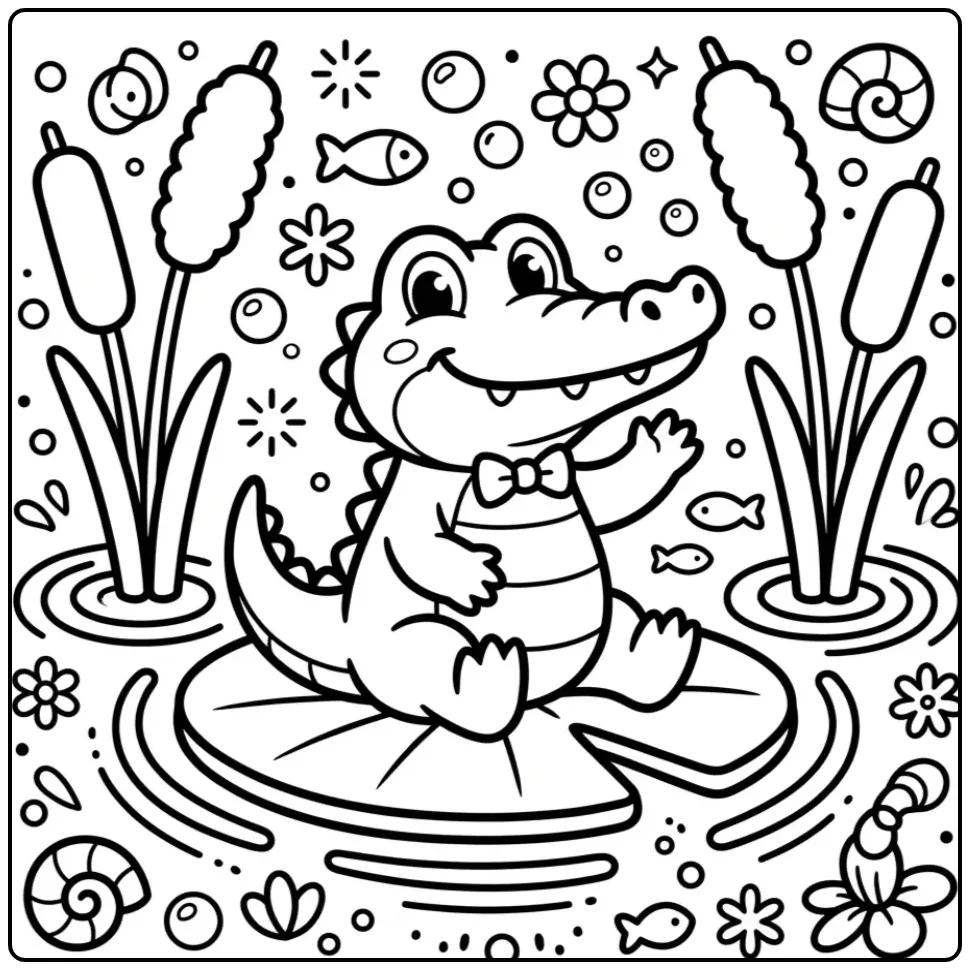 Crocodile coloring page for toddlers showing a waving crocodile
