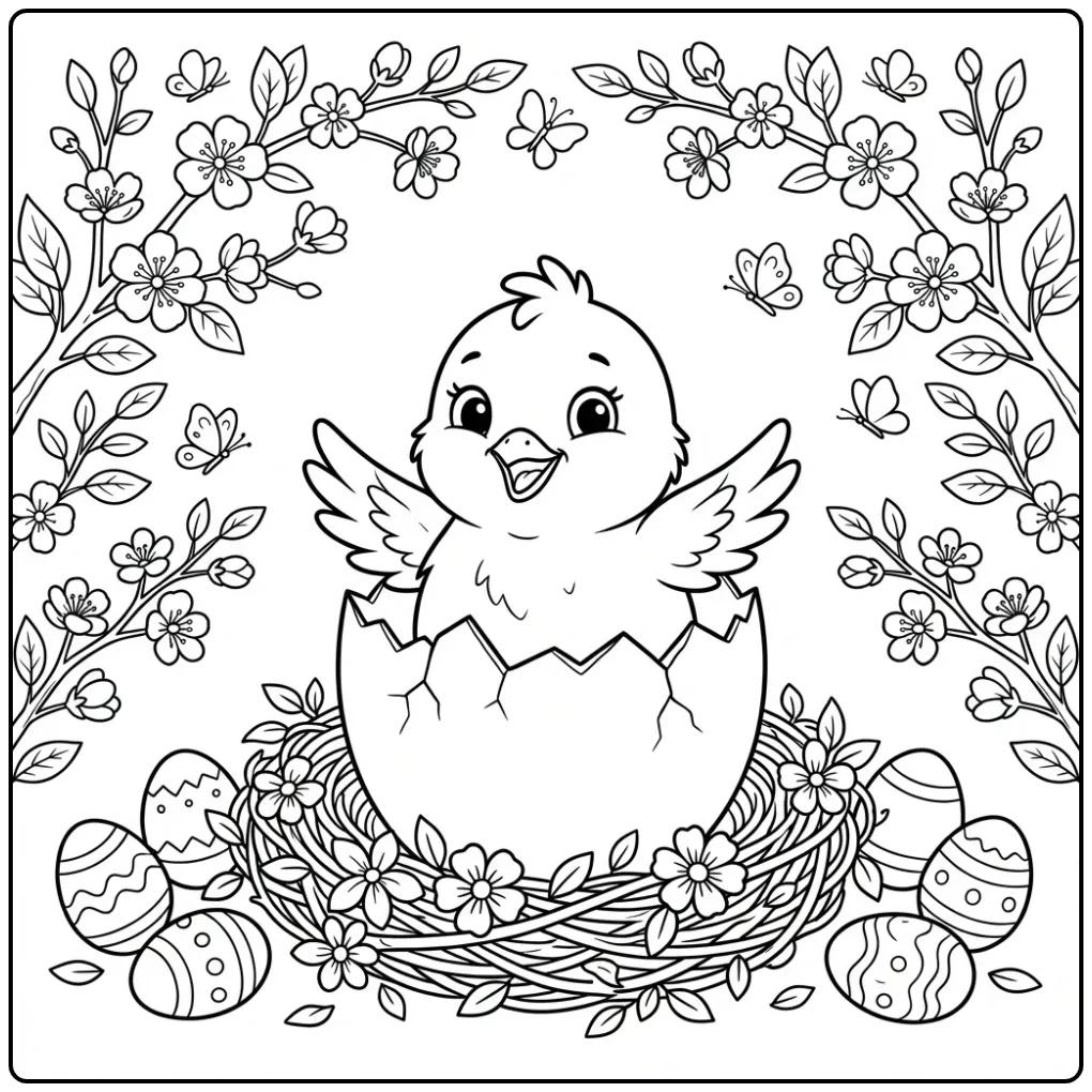 Chick in egg coloring page with spring details