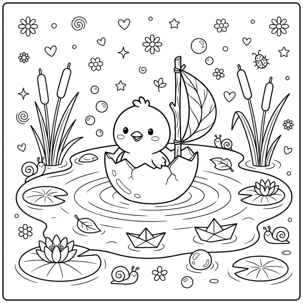 Chick in egg coloring page sailing like a boat