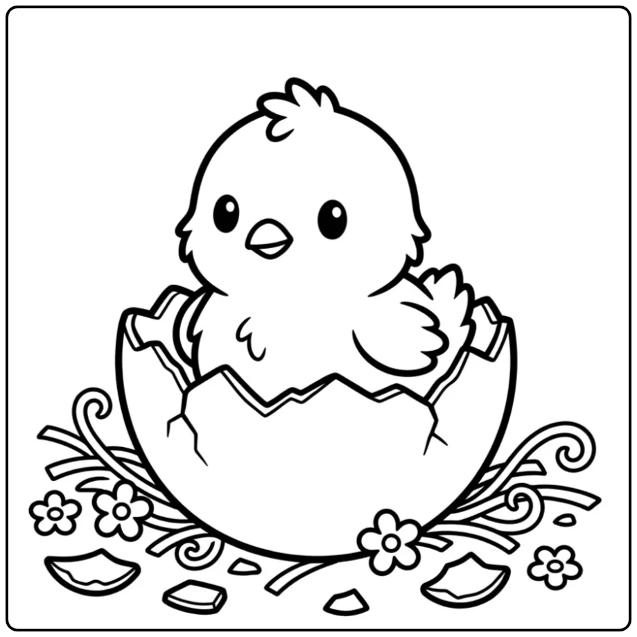 Chick in egg coloring page with flowers and straw
