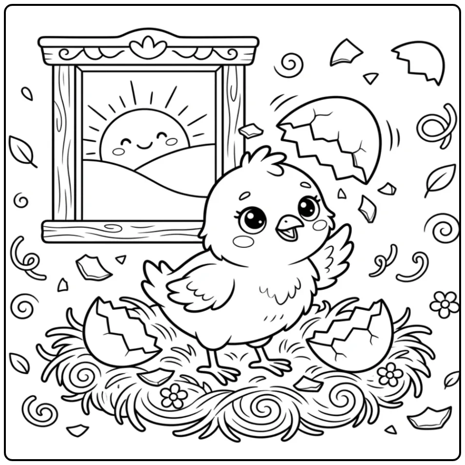 Chick hatching coloring page with eggshell on its head