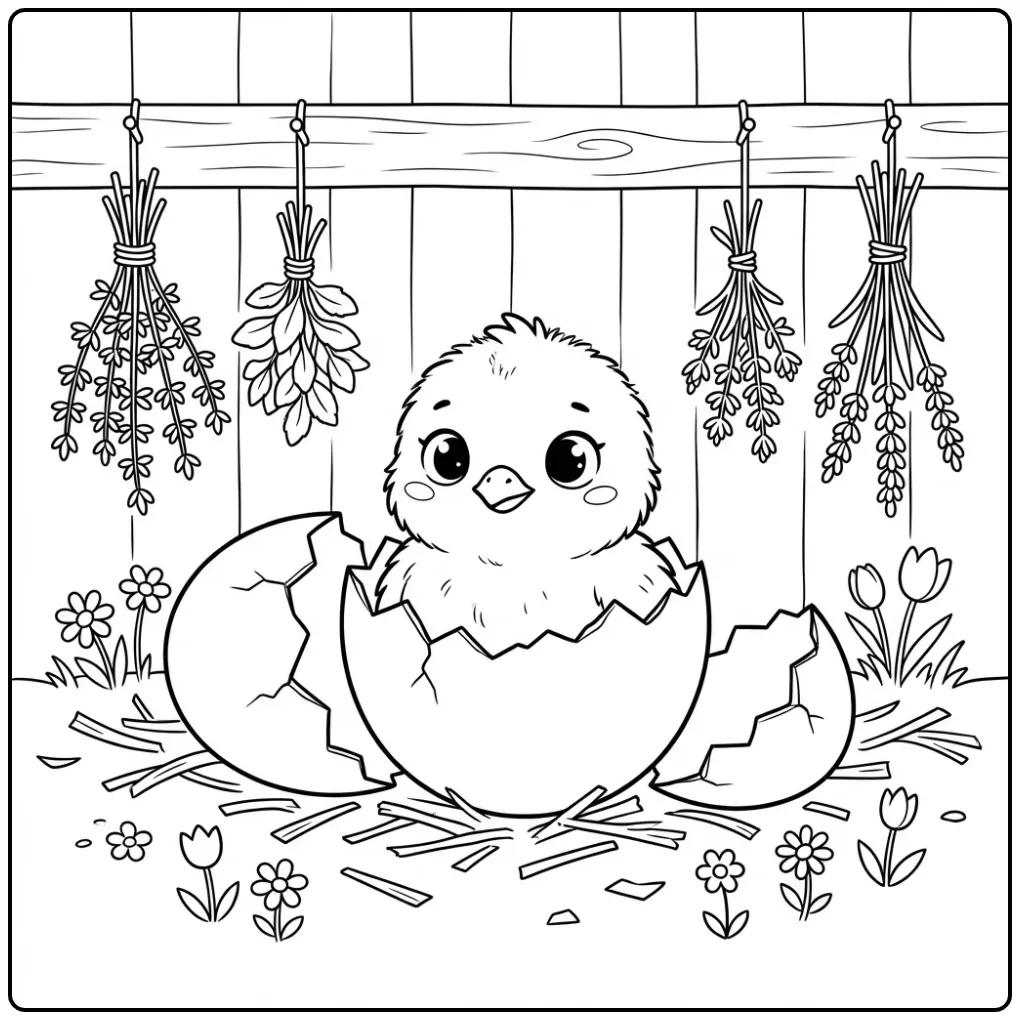 Chick hatching coloring page among spring flowers