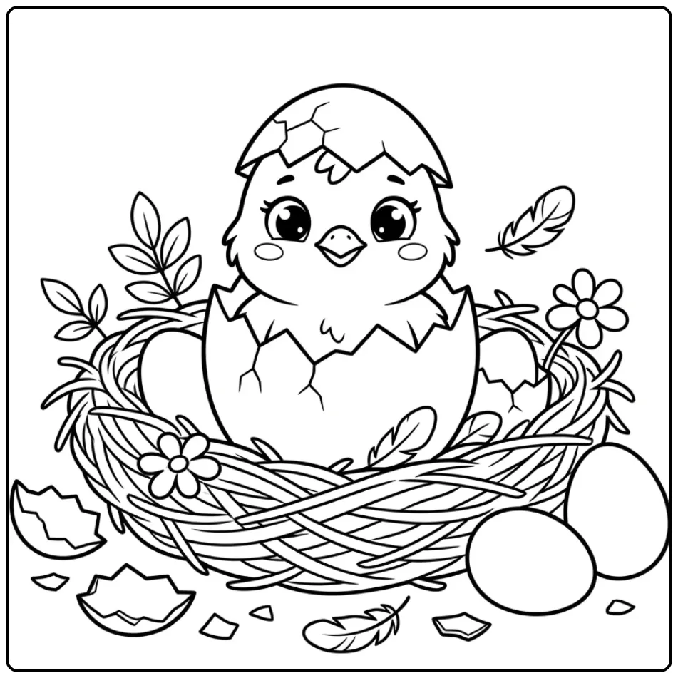 Chick hatching coloring page with shells and feathers