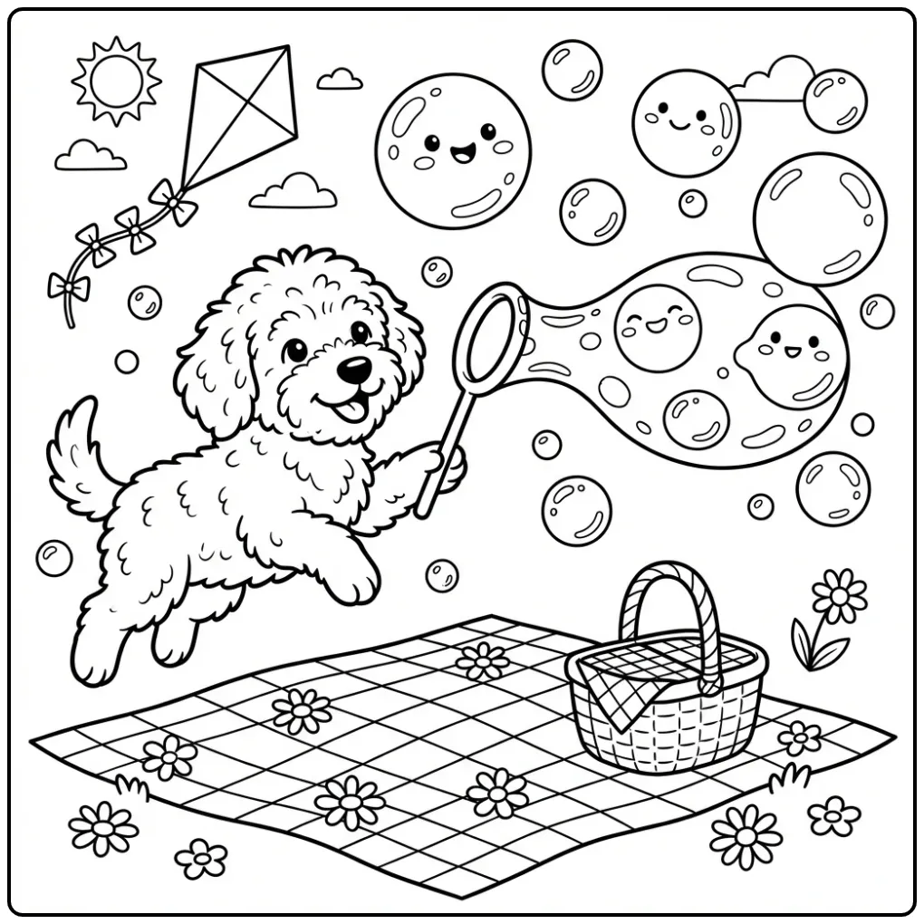 Cheerful Labradoodle with Picnic and Bubbles coloring page