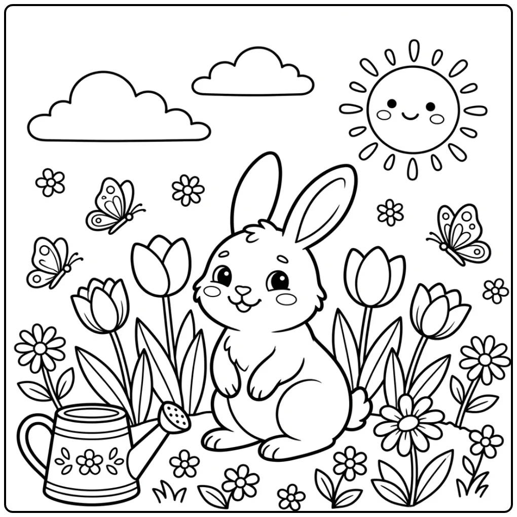 Spring rabbit coloring page among tulips and sunshine