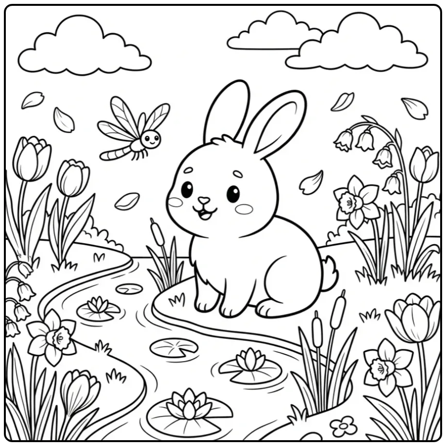 Spring rabbit coloring page by a stream with flowers