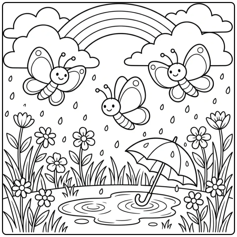 Spring butterfly coloring page with rainbow and flowers