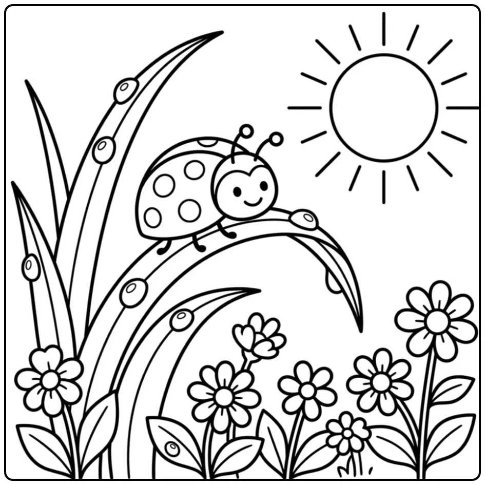 Ladybug coloring page on dewy grass at sunrise