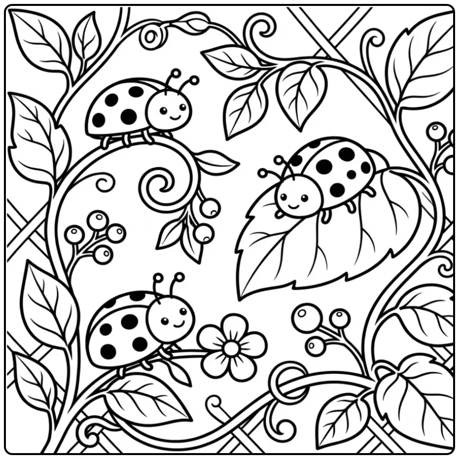 Cute ladybug coloring page on a garden fence
