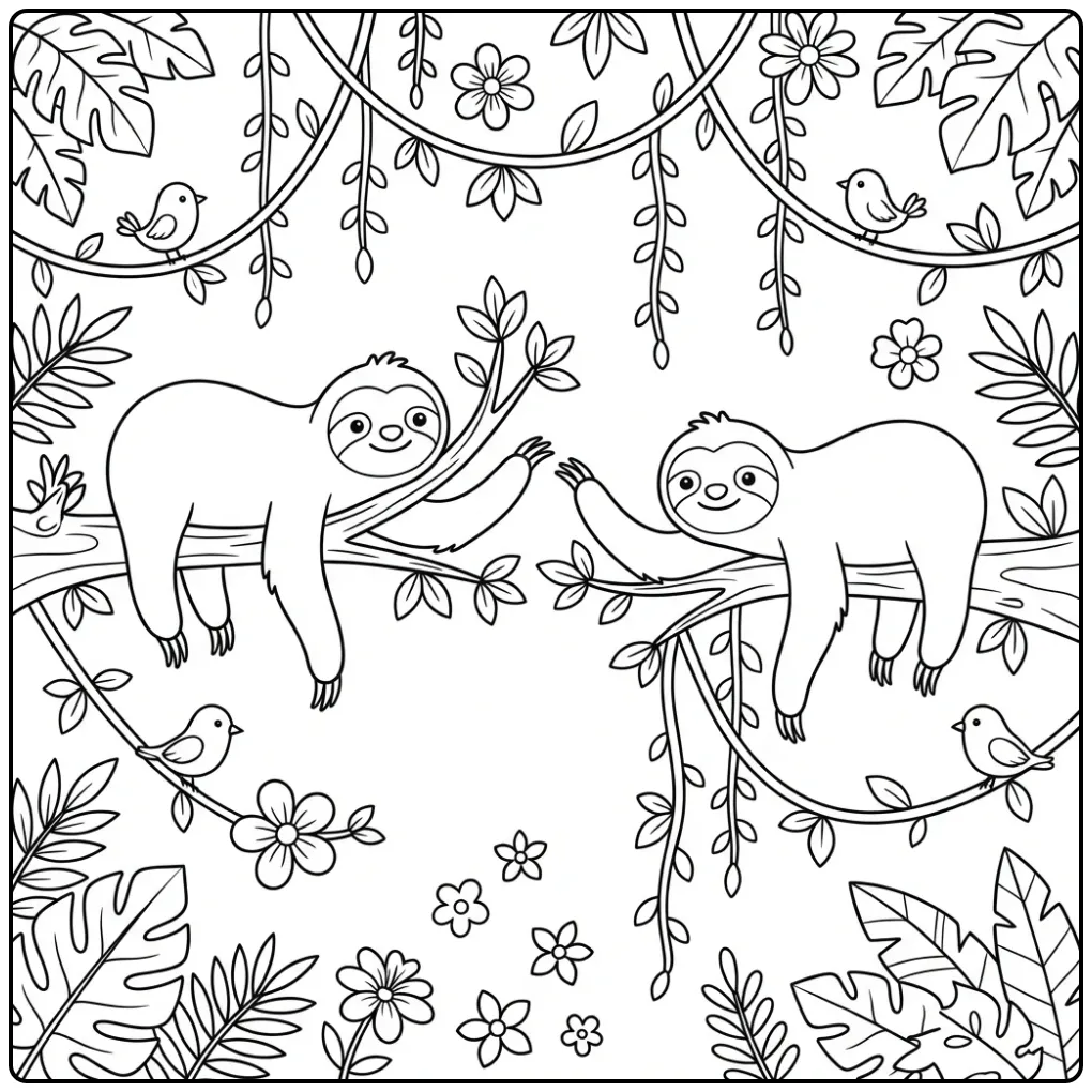Cute sloth coloring page with two waving friends