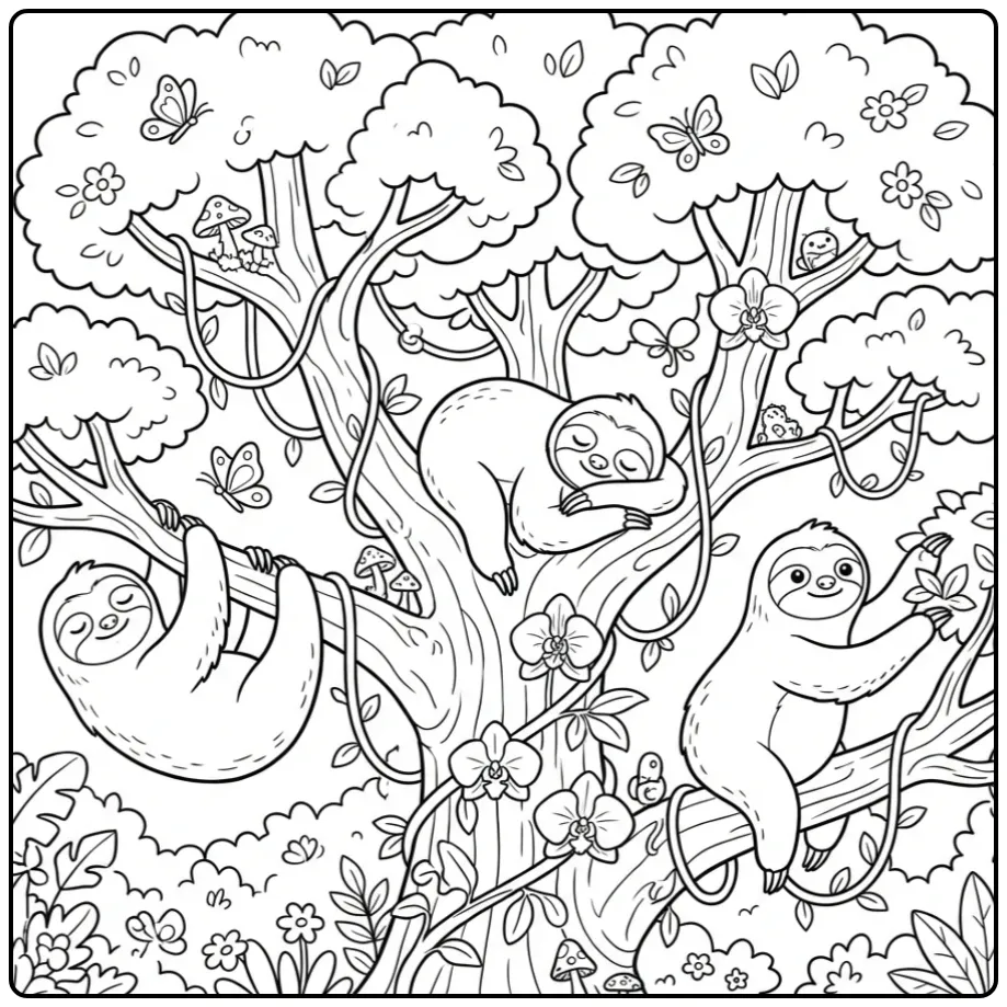 Cute sloth coloring page with friends in a tree