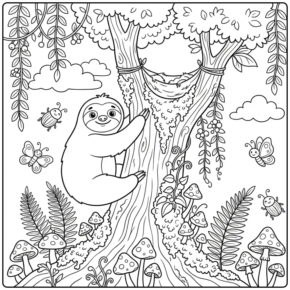 Cute sloth coloring page climbing in a tree