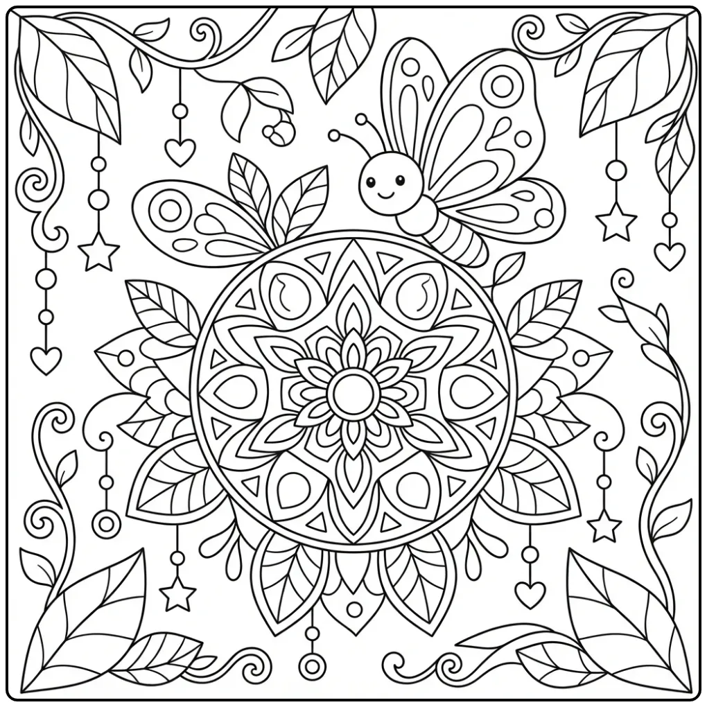 Mandala butterfly coloring page above garden flowers