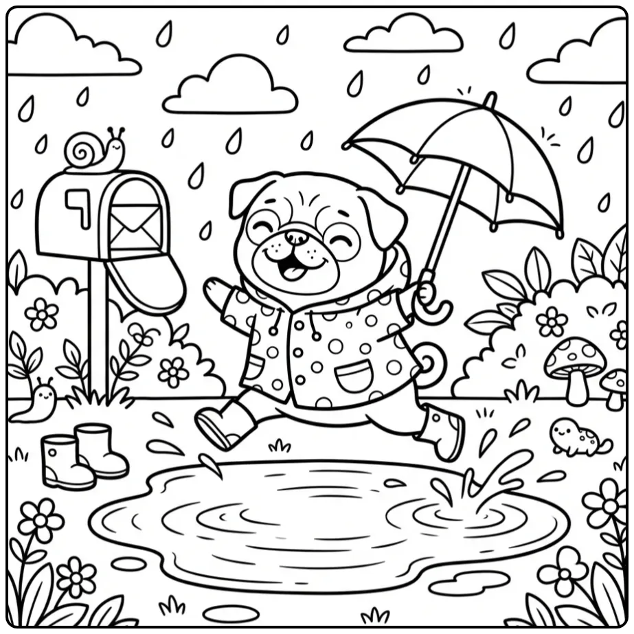 Cheerful Pug with Umbrella and Rain Boots coloring page
