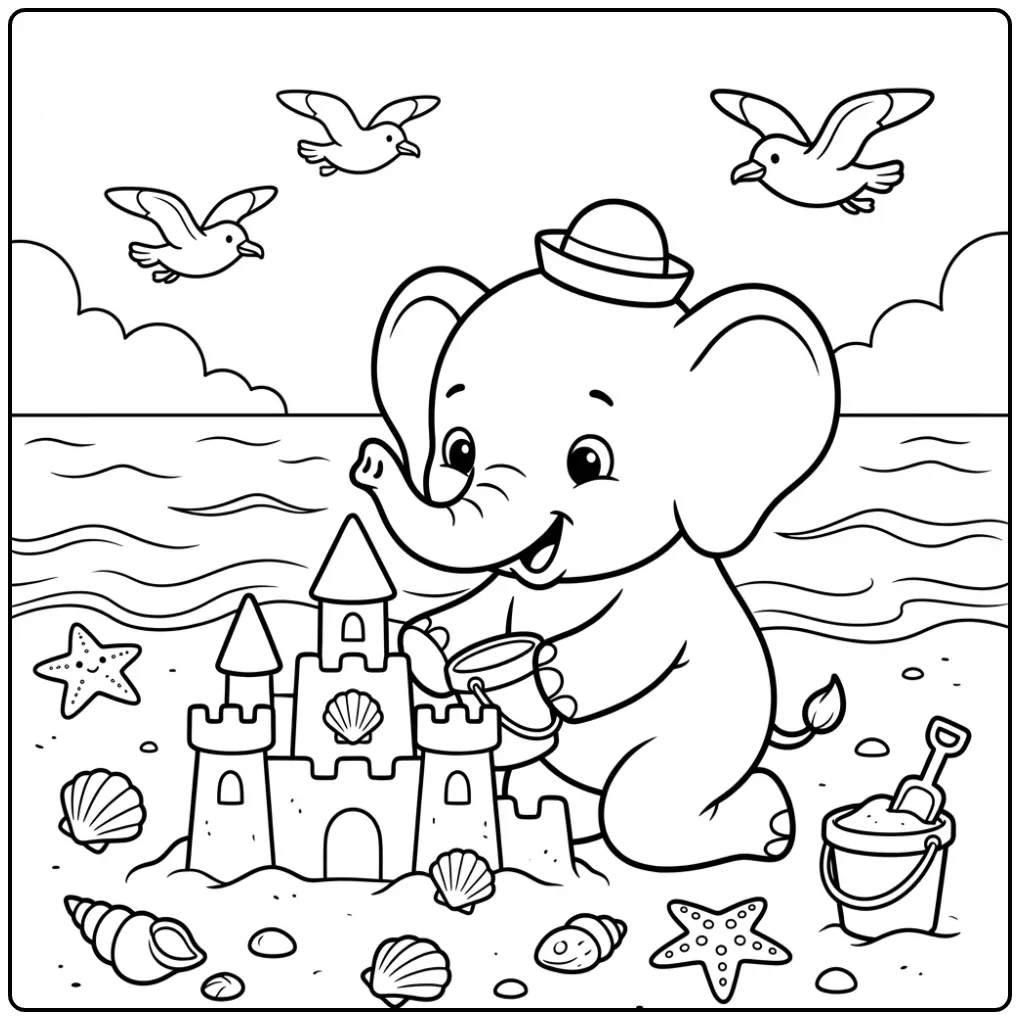 Elephant coloring page with a sandcastle at the beach