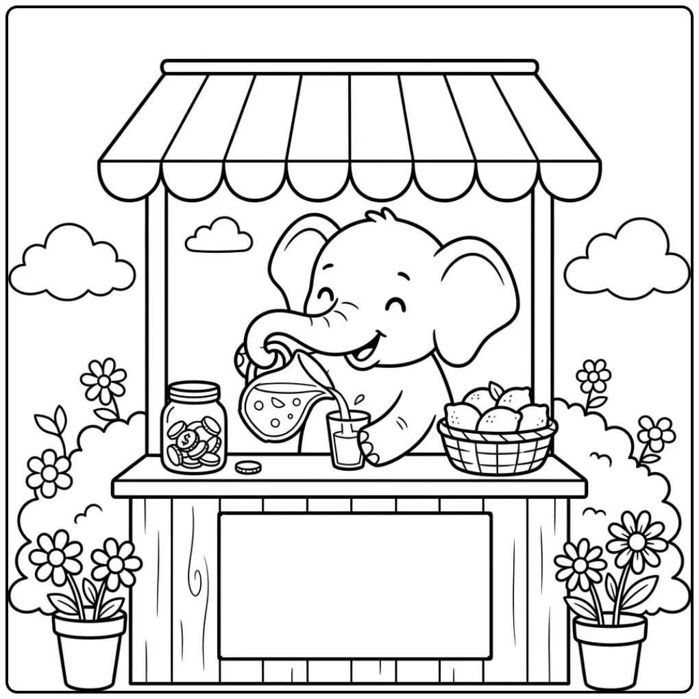 Elephant coloring page selling lemonade
