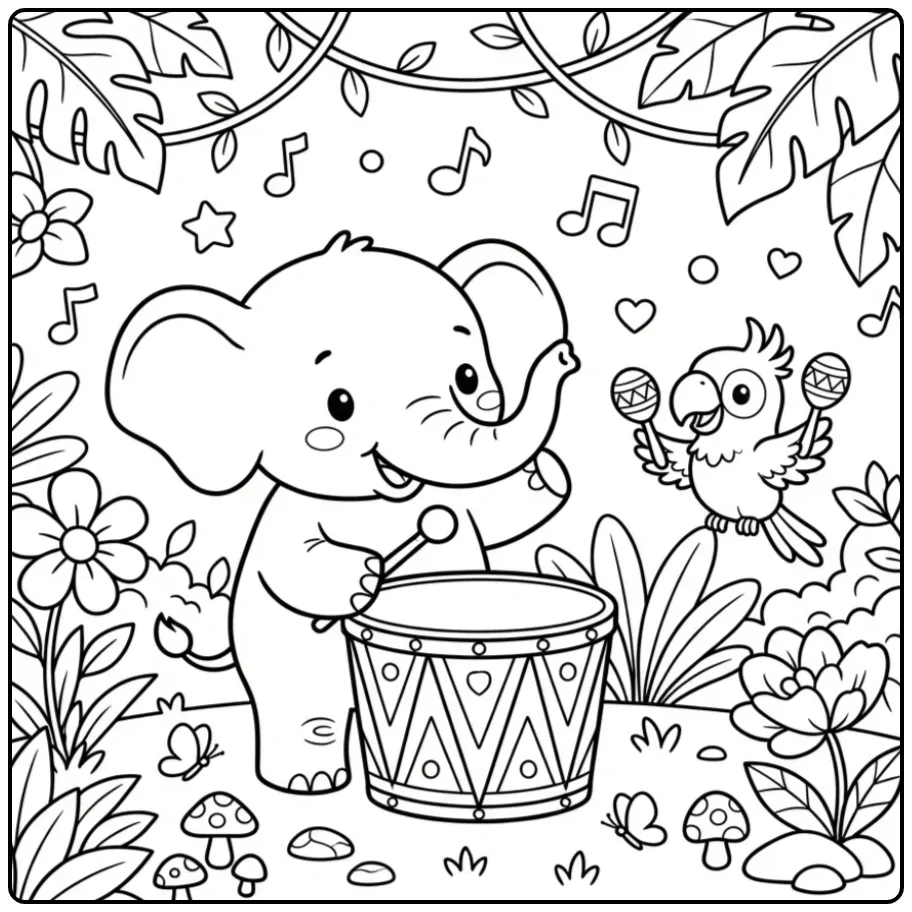 Elephant coloring page playing a drum in the jungle