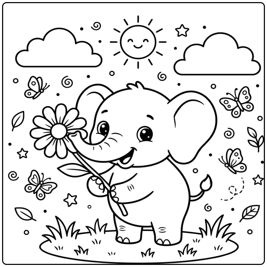 Easy elephant coloring page with a baby elephant and flower