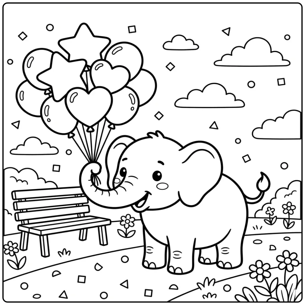 Elephant coloring page with balloons in the park