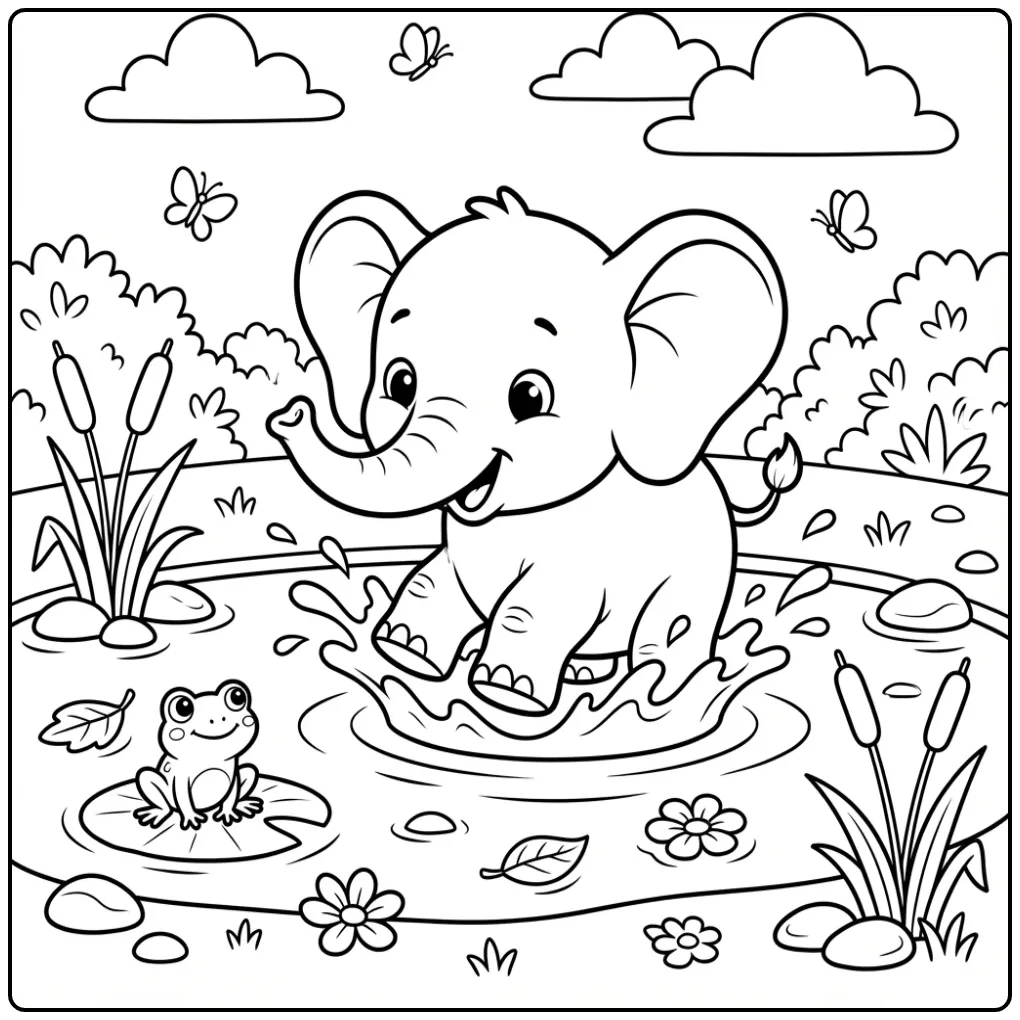 Elephant coloring page with a baby elephant and frog