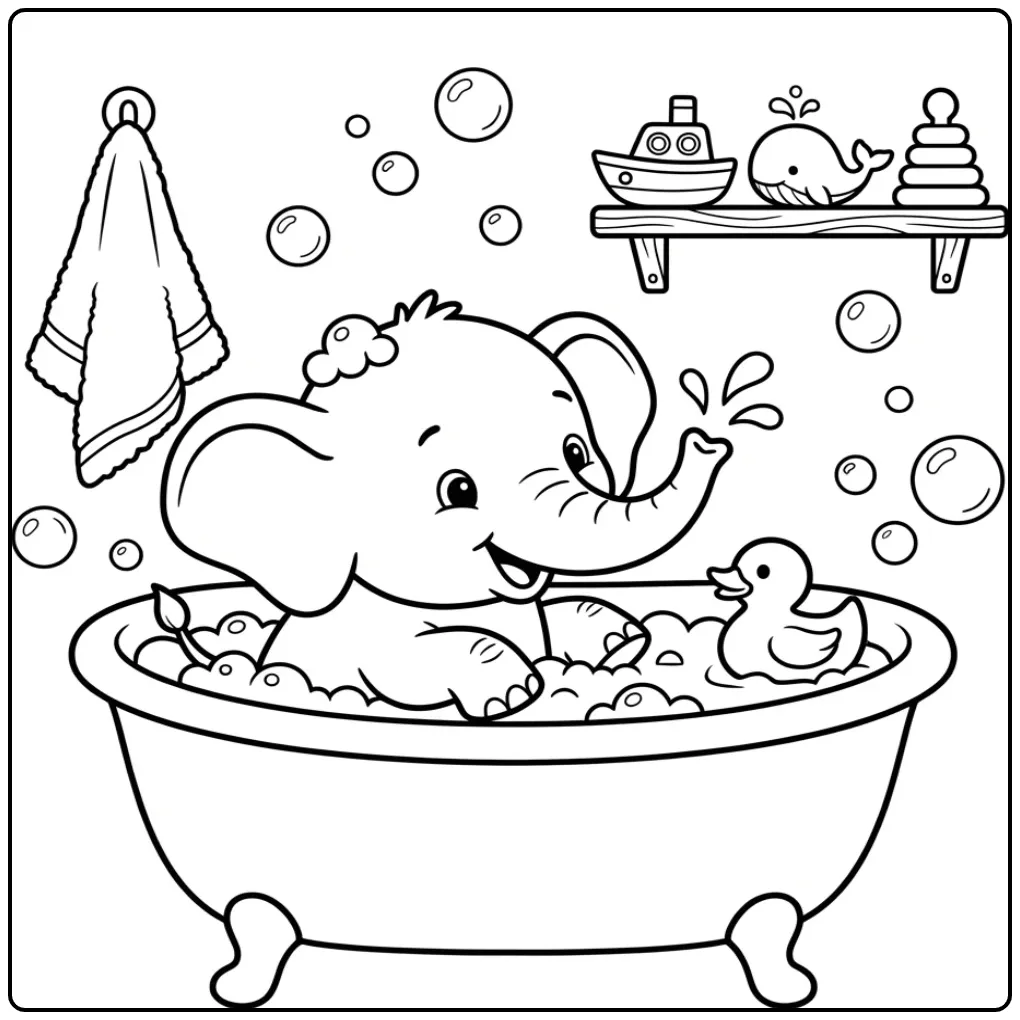 Baby elephant coloring page in a bubble bath